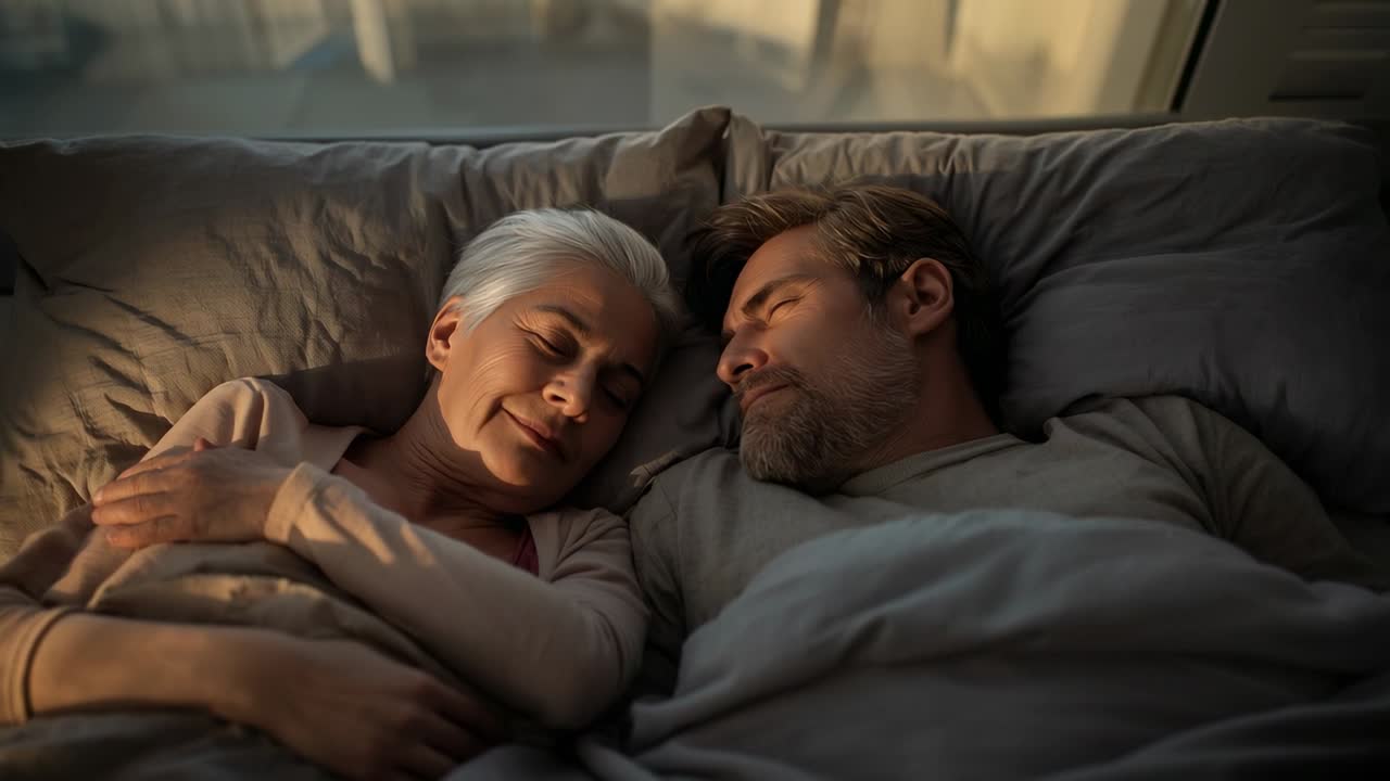 Lying senior couple breathing, shifting under duvet on bed near sunlit window, wearing sleepwear
