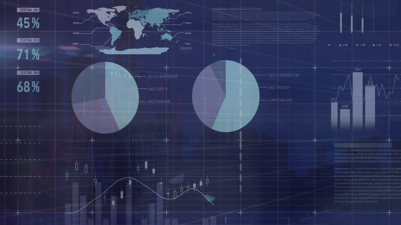 Animation of infographic interface over time lapse of walking people against silhouette of buildings