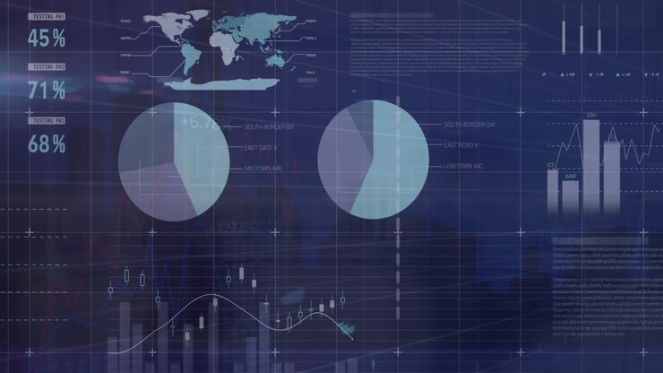 Animation of infographic interface over time lapse of walking people against silhouette of buildings