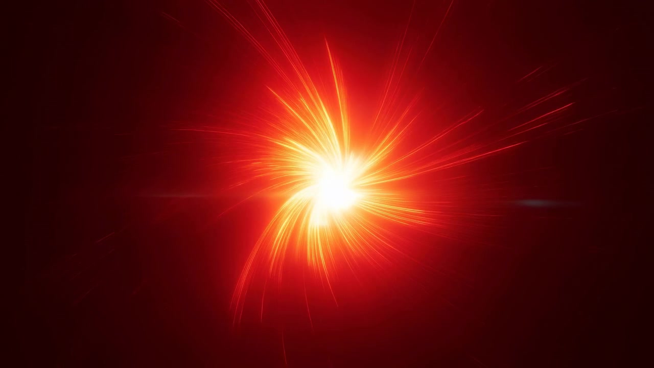 Intense red orange burst reveals bright white yellow core, sweeping streaks, soft halo, and glowing filaments spreading across deep dark background for vivid abstract energy and motion