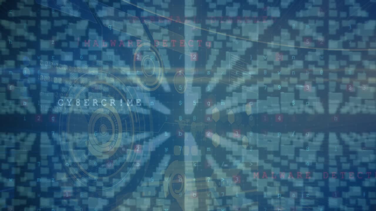 Animation of digital padlock with integrated circuit over data processing on navy screen