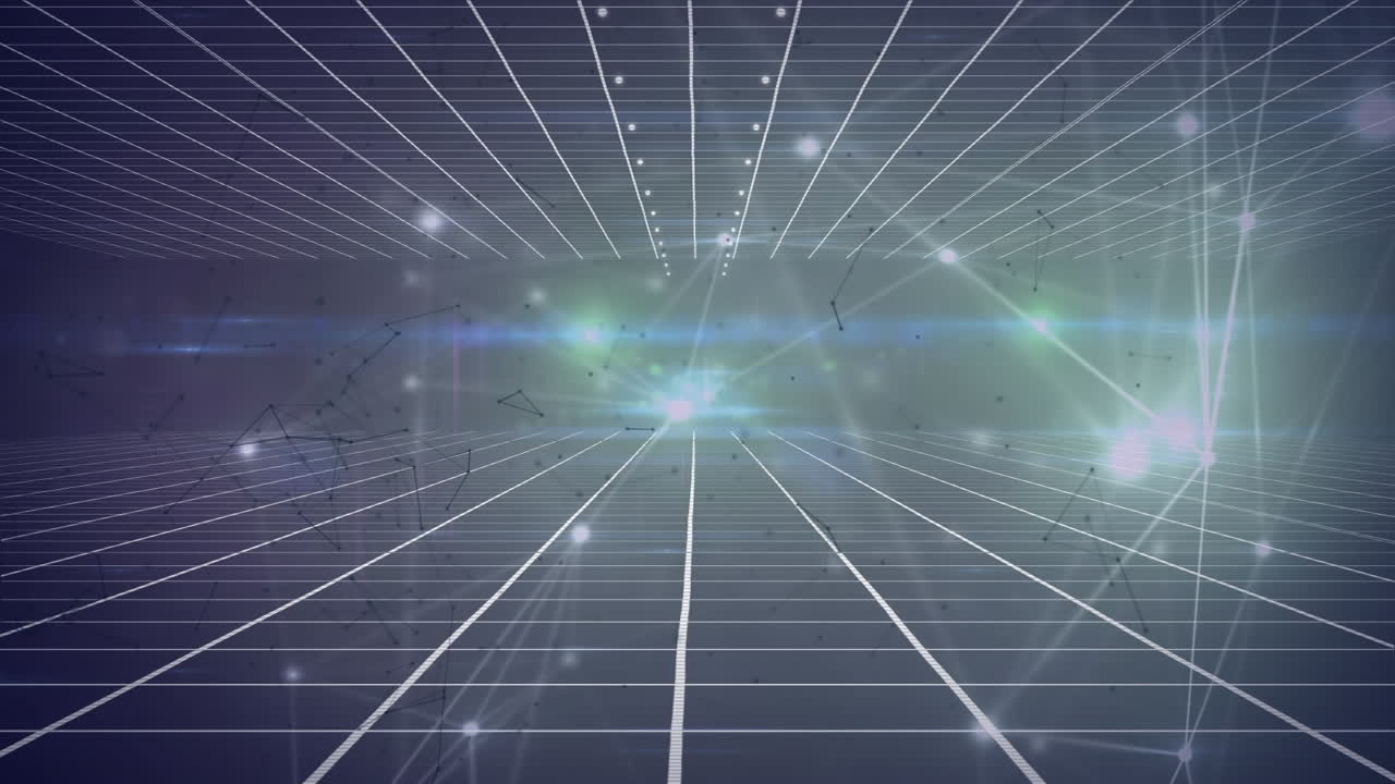 파란색 배경에 있는 그리드 네트워크에 비해 빛나는 연결 네트워크의 디지털 애니메이션
