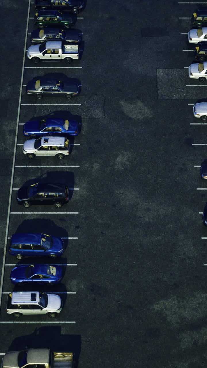 Parking lot at night with various vehicles under bright lights