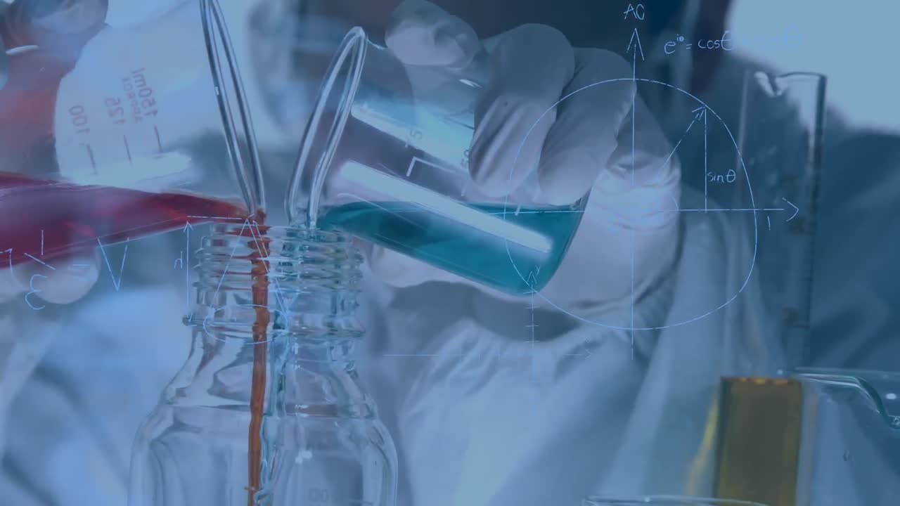 animación de ecuaciones matemáticas sobre una científica que sostiene un vaso