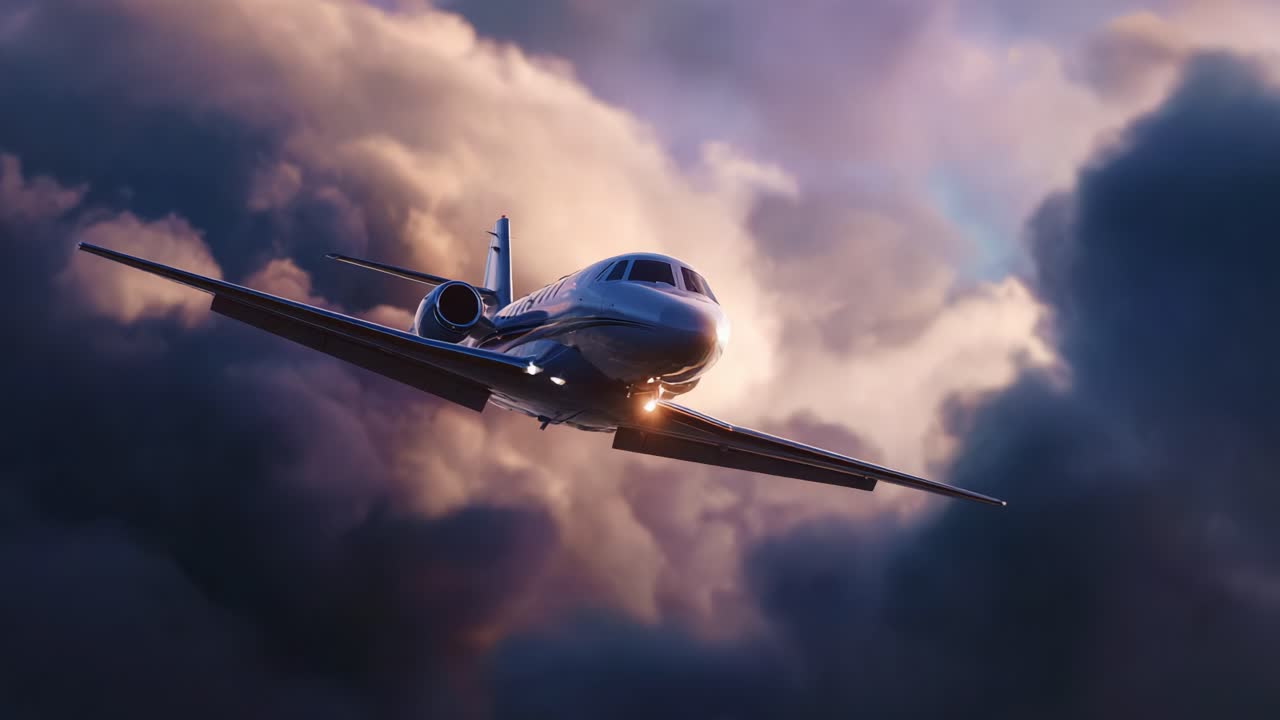 Un elegante jet privato che solca un cielo spettacolare, pieno di nuvole cariche, che mette in mostra eleganza, velocità e il fascino dei viaggi di lusso al suo meglio