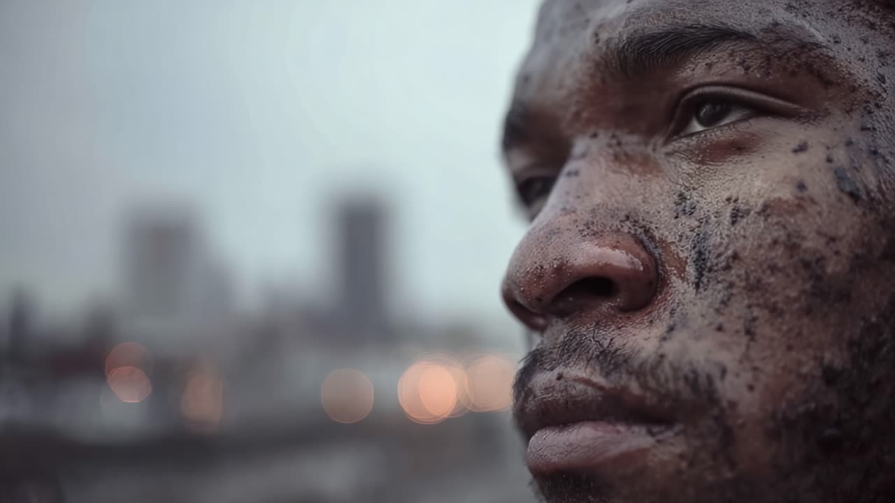 A Pensive Moment: Capturing the Depths of Emotion on a Weathered Face Amidst a Blurry Cityscape