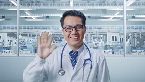 close up of asian male doctor with stethoscope waving hand and smiling to camera in laboratory