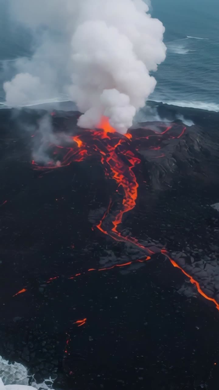 Vertical video: Erupting vent sending lava river toward sea, meeting water with steam plume