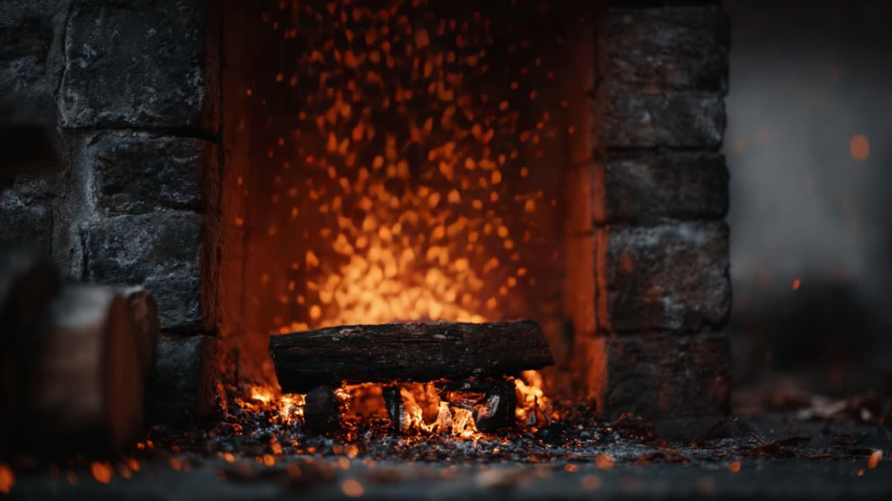 Captivating Glow of Firelight: A Mesmerizing Display of Ember Sparks Dancing Around a Log in a Rustic Stone Fireplace