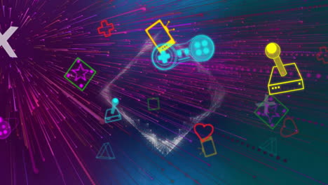 animation of colourful video game controllers and icons over purple light beams