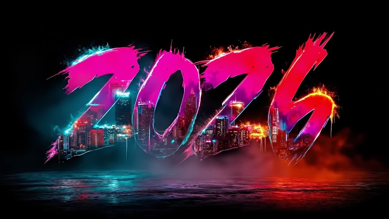 Futuristic City Skyline with Neon 2026 Numbers and Smoke