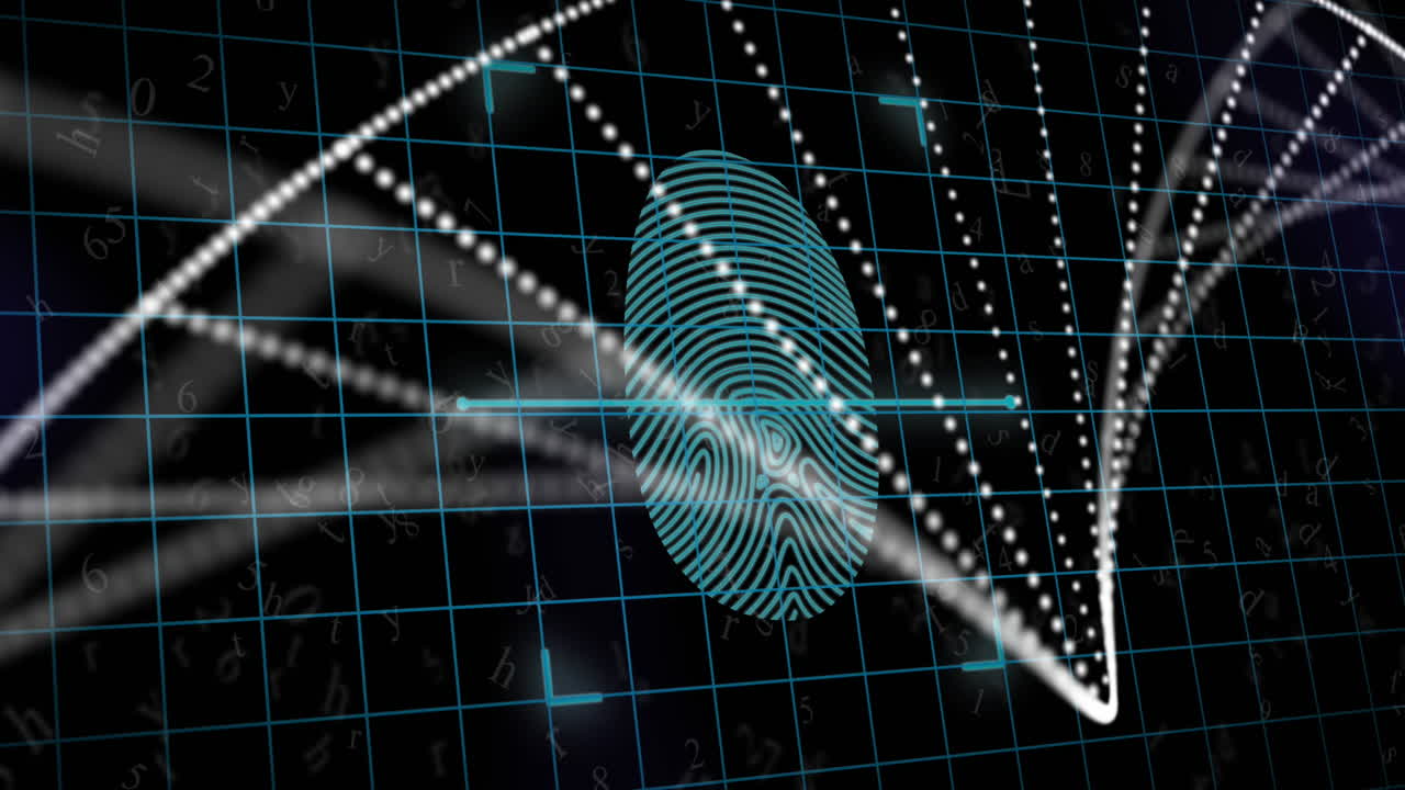 Animation of biometric fingerprint scanner and dna structure spinning against black background
