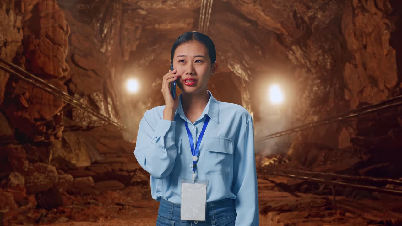 Asian Female In Underground Mine Tunnel, She Pick The Phone Up And Started To Speaking With It
