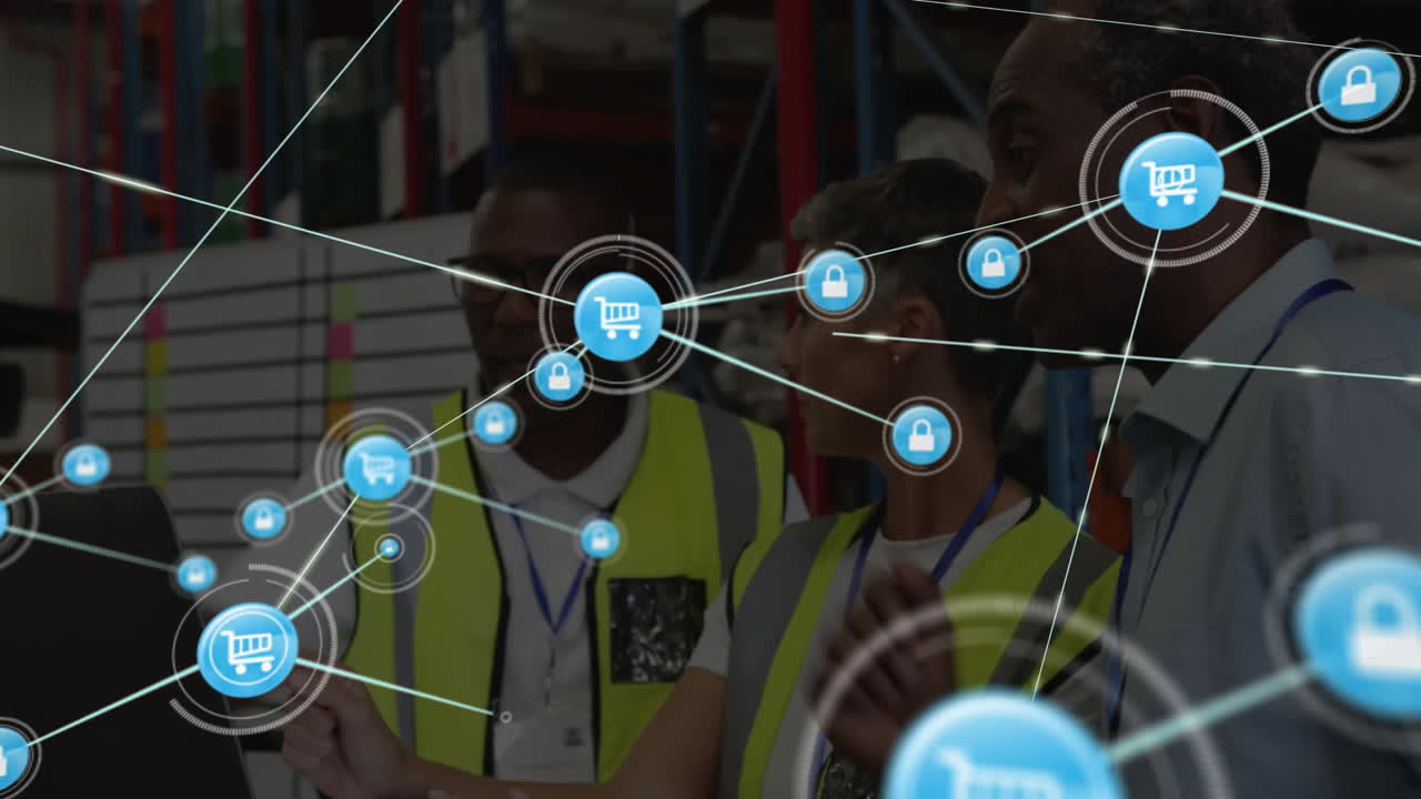 señalando a la pantalla, trabajadores del almacén con carrito de compras y iconos de bloqueo animación