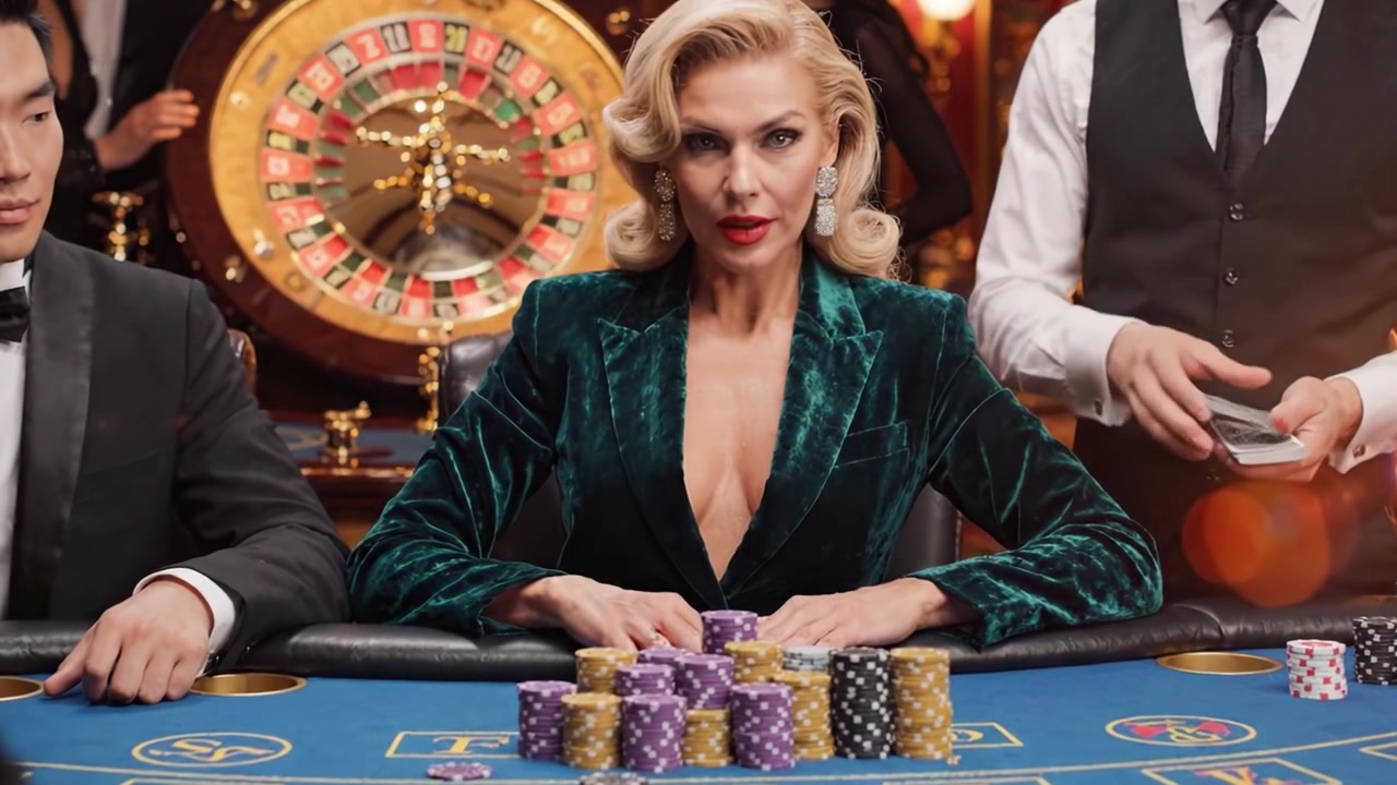 Göz Alıcı Bir Kadın, Yüksek Bahisli Fişler ve Bir Rulet Çarkıyla Çevrili Bir Casino Masasında Stratejik Olarak Oynayarak Oyun Deneyiminin Heyecanını Yakalıyor.