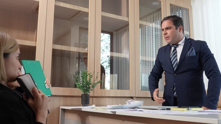 Angry boss unhappy with female employee performances, throwing papers away in front of two employees and pointing at door, ask female employee leave meeting room , Businessmen partnership arguing at office, bad atmosphere in office.