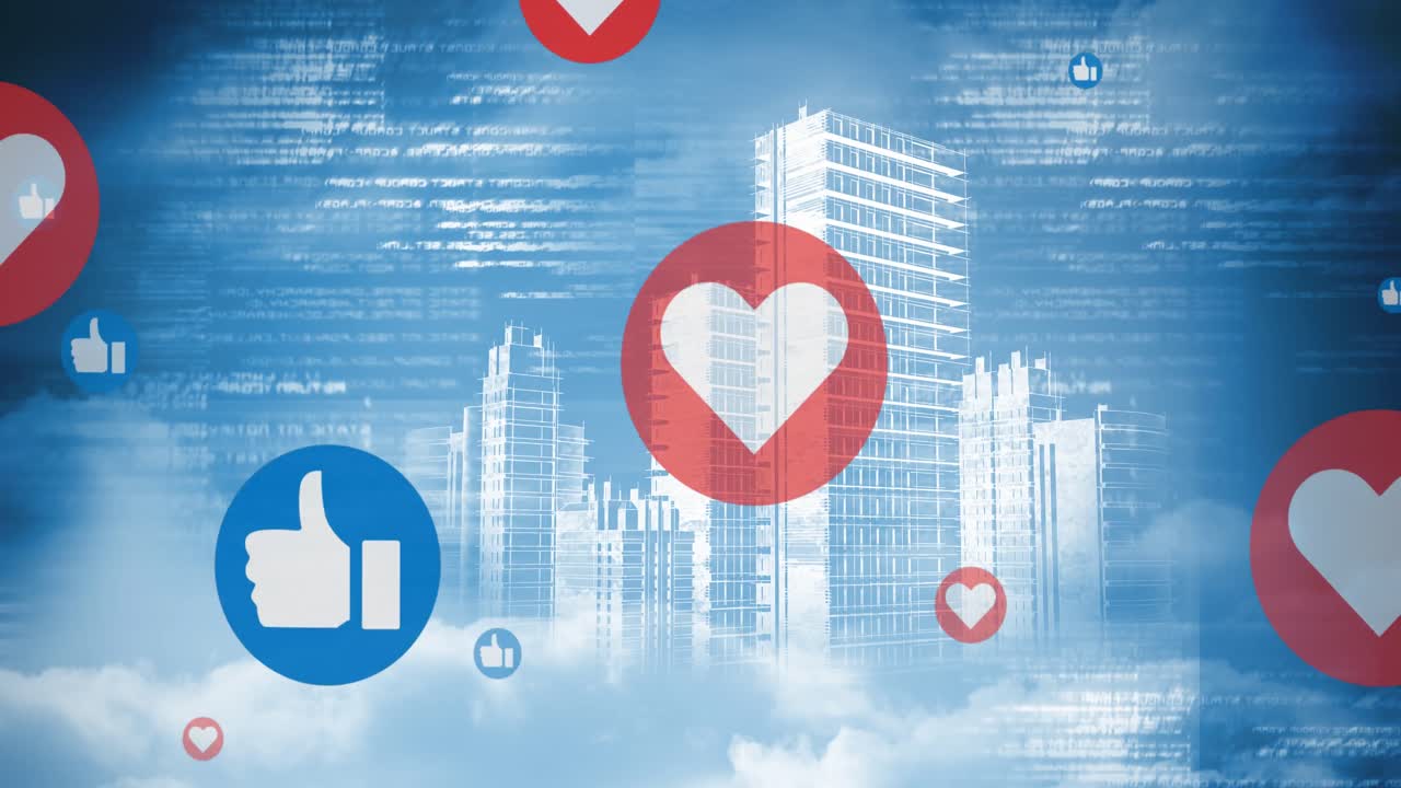 도시 풍경 위의 아이콘으로 데이터 처리의 애니메이션