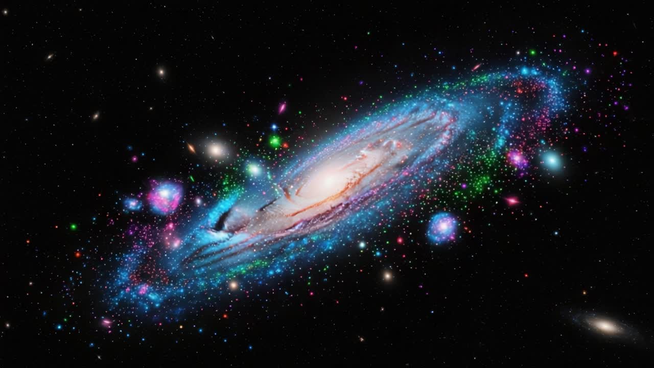 A Stunning Visual Journey Through the Universe: Captivating Images of a Distant Spiral Galaxy Drenched in Colorful Stars and Cosmic Phenomena