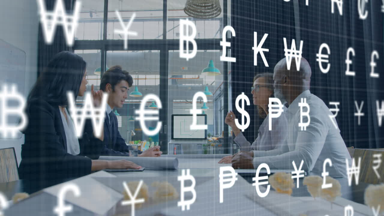 Animation of multiple letters and symbols over diverse coworkers shaking hands after meeting