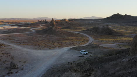 circling around trona pinnacles at sunset to reveal vast landscape