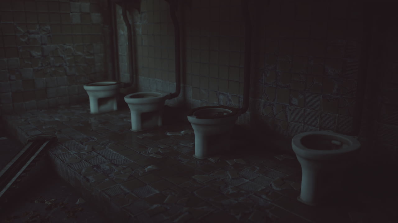 Abandoned restroom with multiple toilets in dimly lit environment