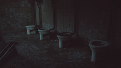abandoned restroom with multiple toilets in dimly lit environment