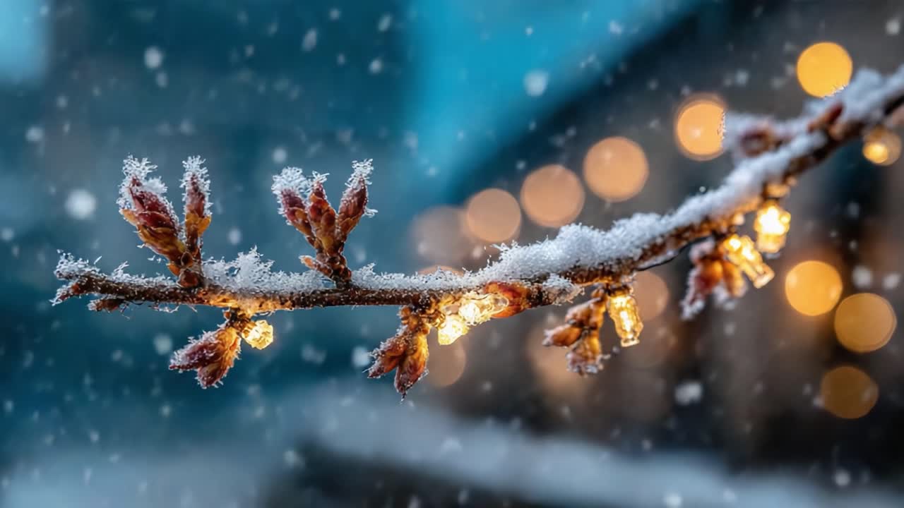 A Winter's Touch: Snow-Covered Branch with Glowing Lights Amidst a Gentle Snowfall Creates a Magical Atmosphere of Tranquility and Joy