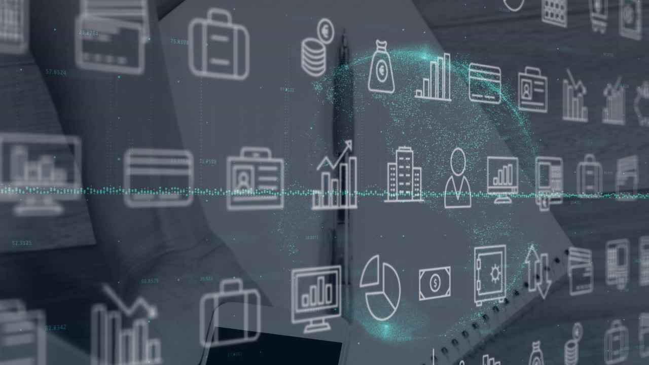 책상 위의 펜과 종이의 클로즈업에 대한 여러 디지털 아이콘과 회전하는 지구의 애니메이션