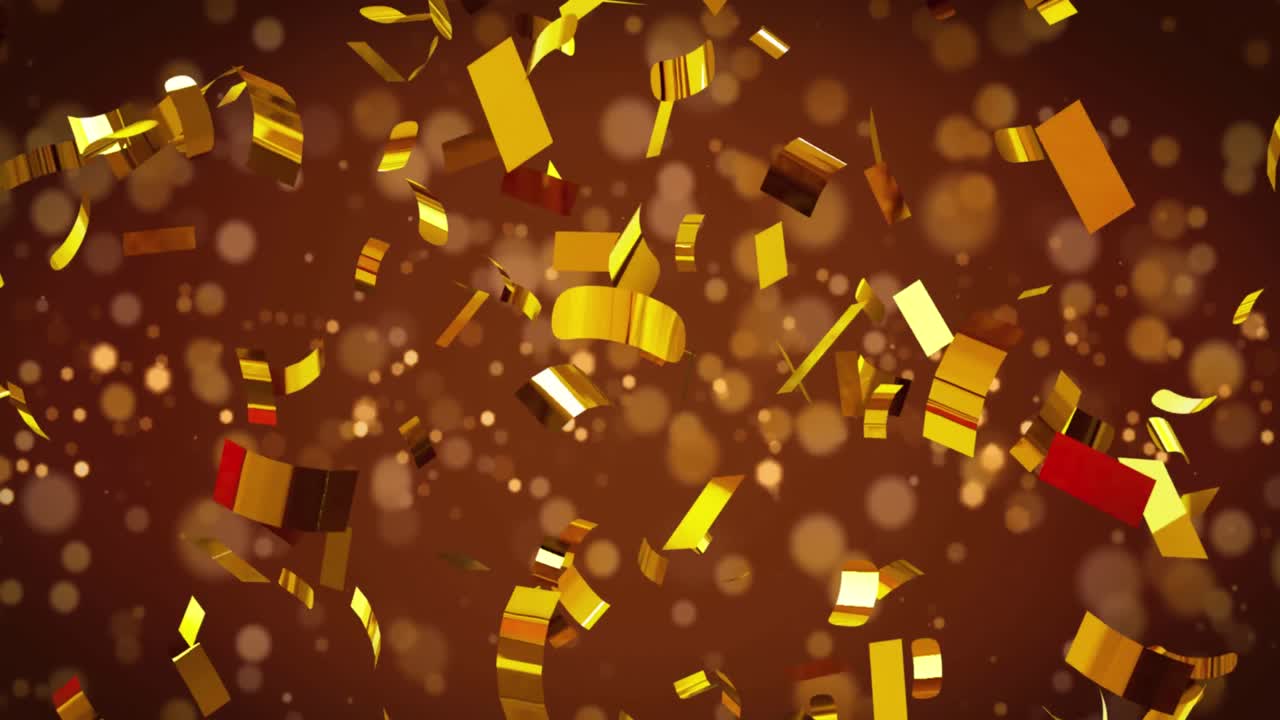 animación de confeti dorado y nieve cayendo sobre un fondo marrón