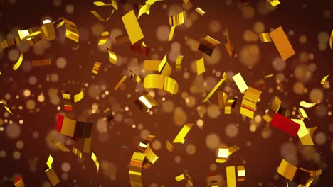 Animation-of-gold-confetti-and-snow-falling-on-brown-background