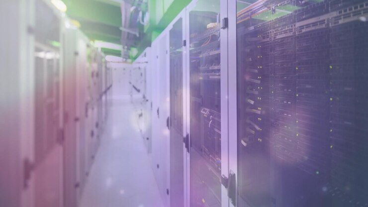 Animation of lights and dots floating over servers