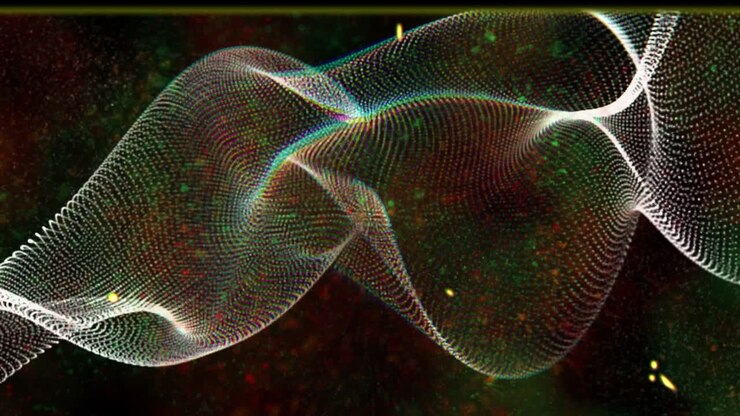 Animation of interference and glitching frame over 3d white mesh structure on black background