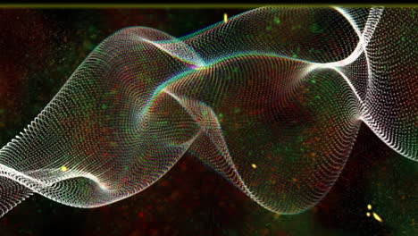 Animation of interference and glitching frame over 3d white mesh structure on black background
