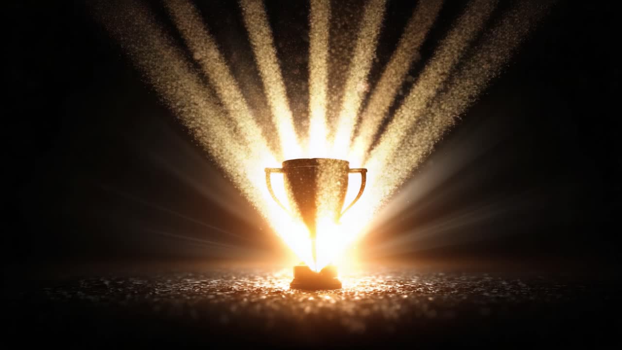 Celebrating Achievement: A Stunning Visual of a Glimmering Trophy Emitting Radiant Light and Sparkling Dust that Symbolizes Victory and Success in Competitive Endeavors