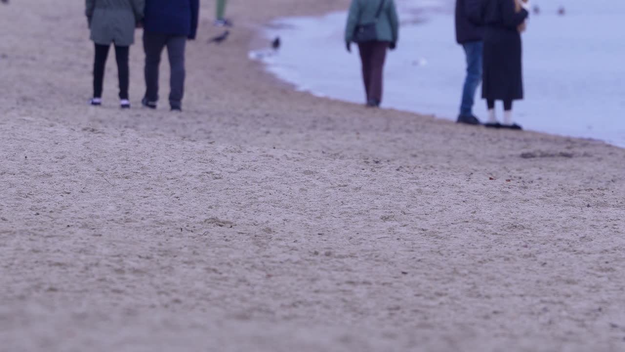 People strolling along a sandy beach in by the water's edge