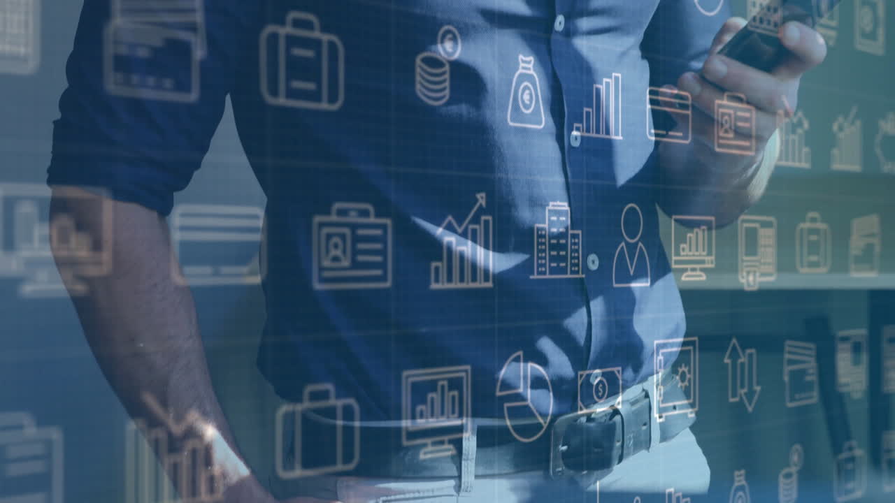 Using smartphone, businessman viewing financial data with animation icons overlay