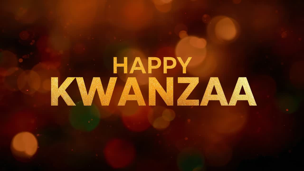 Playing, centered gold HAPPY KWANZAA text shimmering with bokeh lights for Kwanzaa on digital card