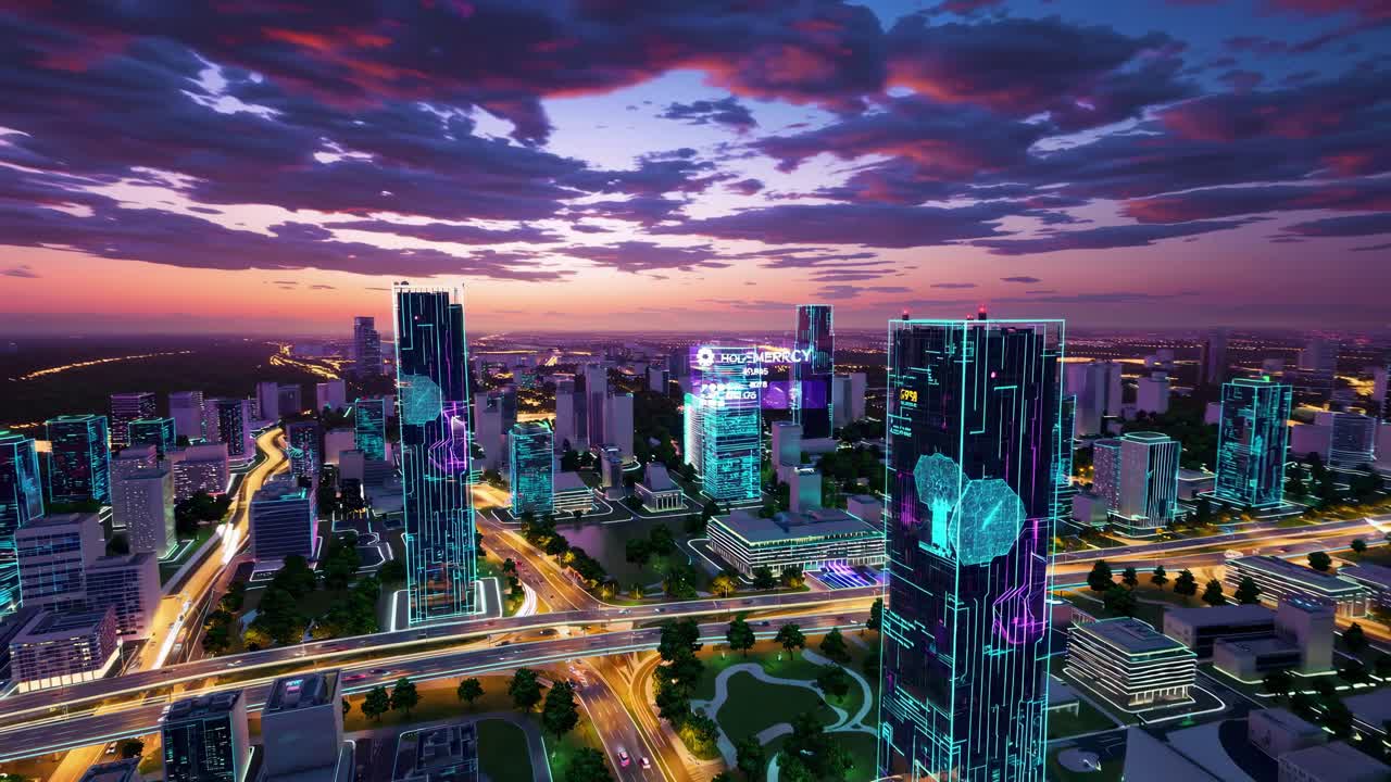 Futuristic cityscape at dusk, captured from a high-angle