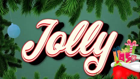 Animation-of-jolly-text-over-fir-trees-and-presents-at-christmas