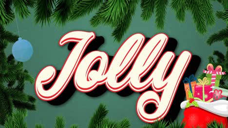 animation of jolly text over fir trees and presents at christmas