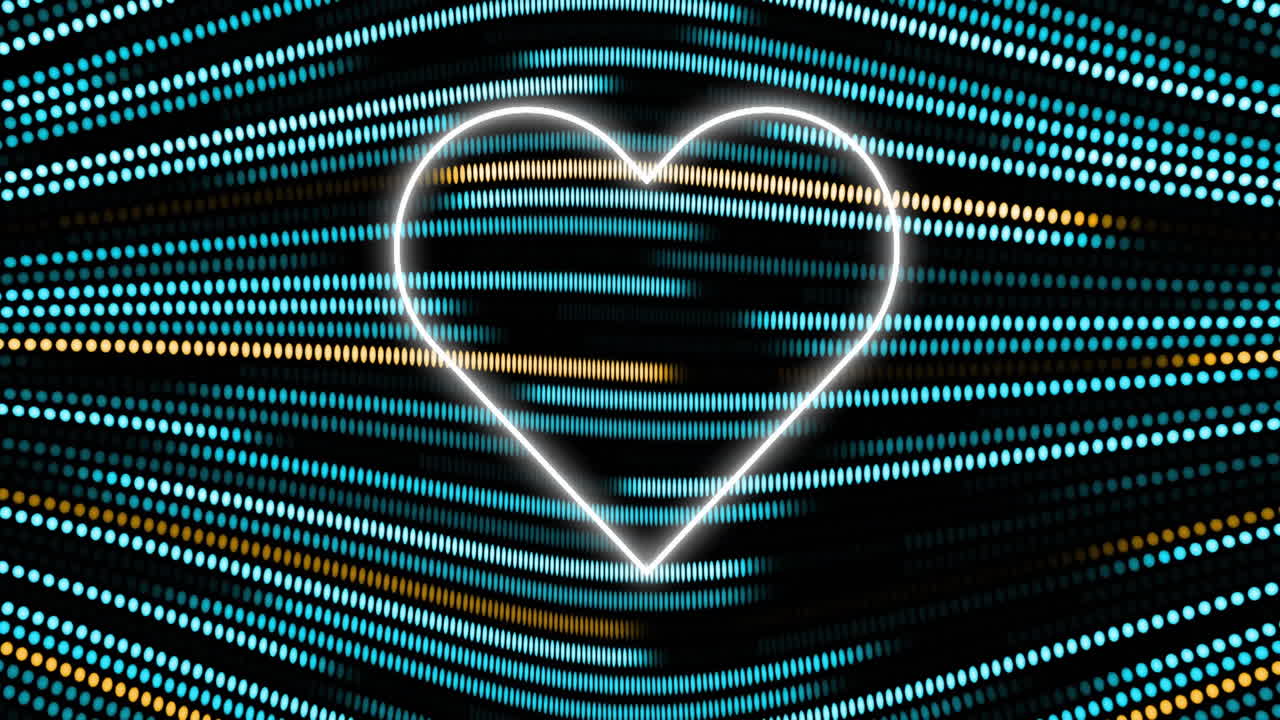 검은색 배경에 반이는 lgiht 트레일 위에 네온 심장 아이콘의 애니메이션