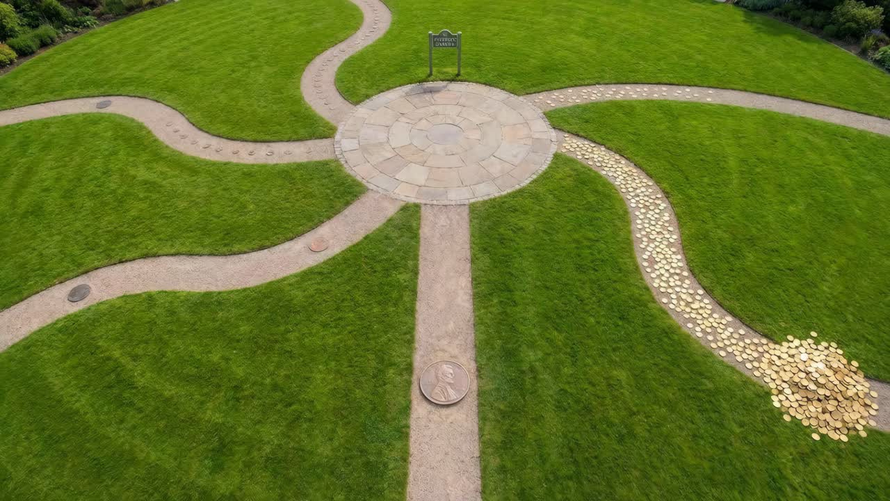 Luftaufnahme von einem gepflegten Garten mit Pfennigwegen