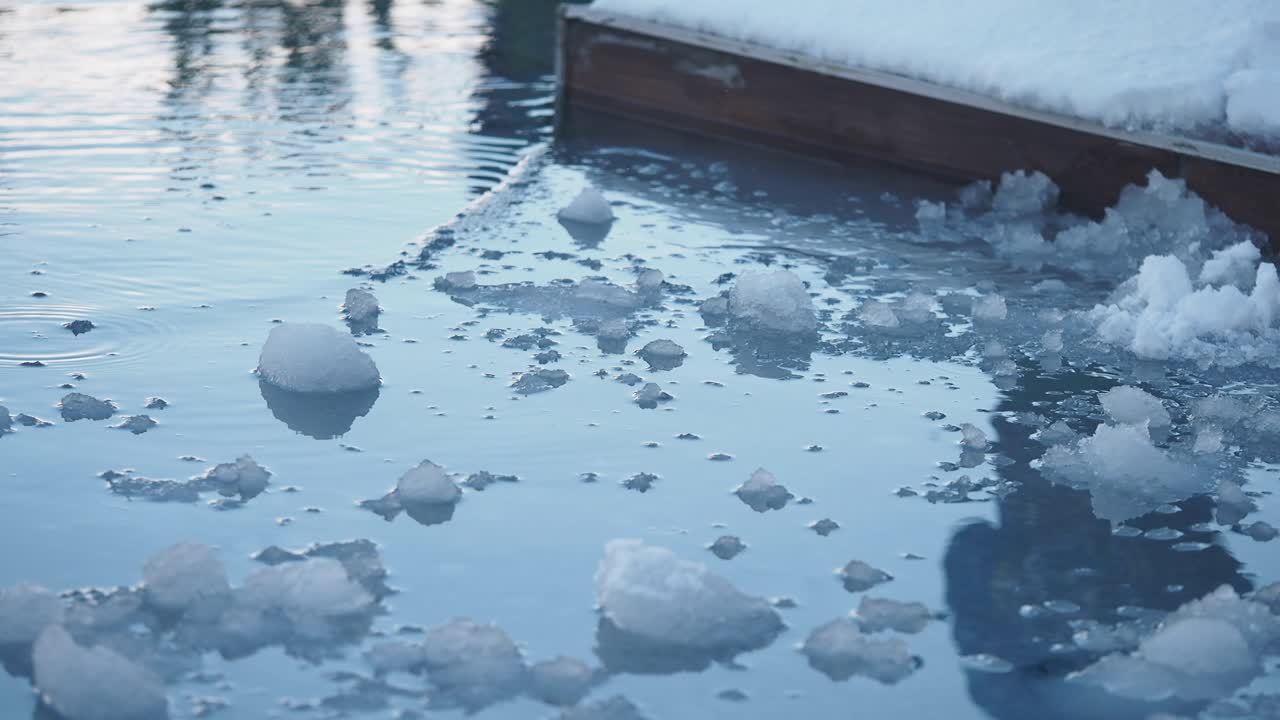 Ice chunks floating on water next to a snowy wooden structure