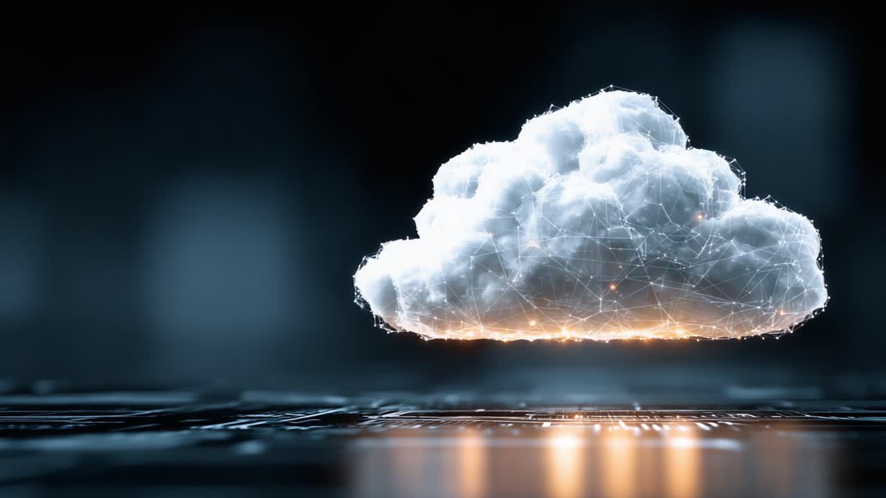 A Soft Cloud with Intricate Connections Hovers Above a Dark Background, Symbolizing Cloud Computing and Digital Networking Technology in a Modern Environment