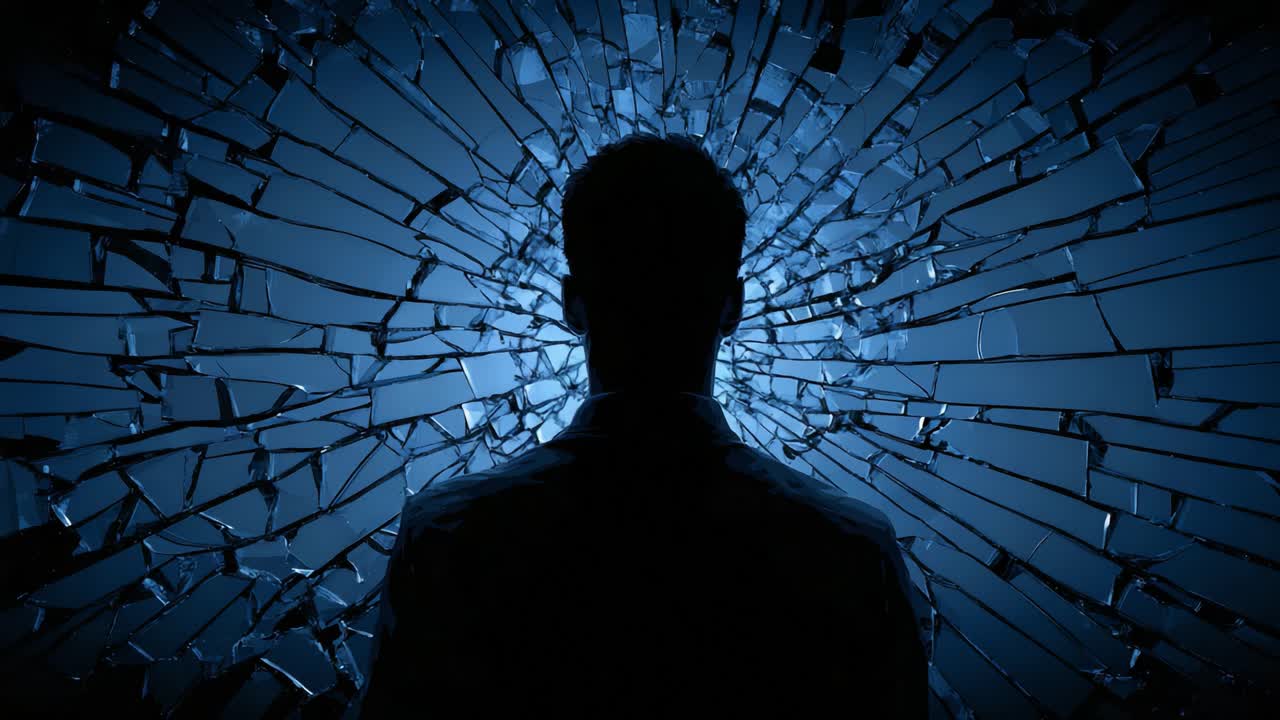 A profound moment of reflection as a figure stands amidst a shattered, glowing expanse of glass, symbolizing introspection and broken barriers in a captivating visual narrative