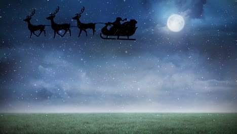 animación de santa claus en trineo con renos sobre la nieve cayendo y la luna