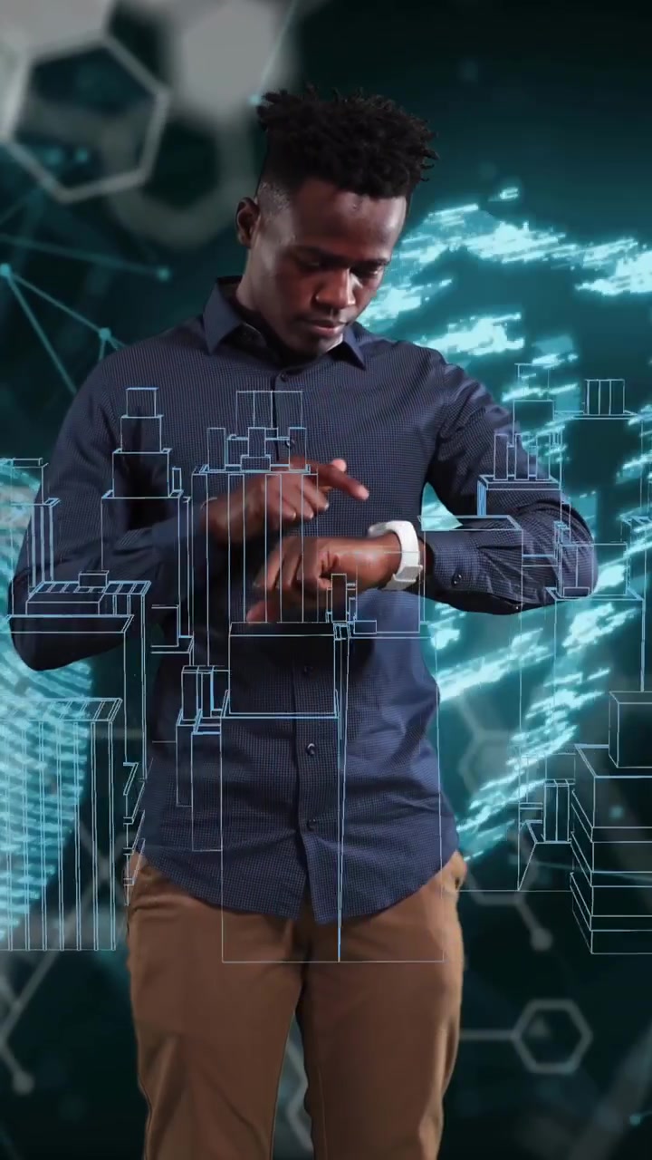 Animation of digital city and data processing over african american man using smartwatch