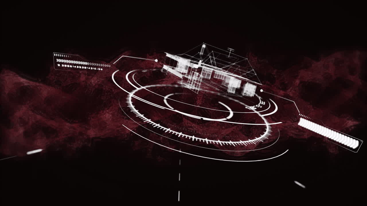 Digital interface elements overlay futuristic architectural design on dark background