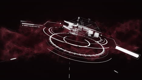 digital interface elements overlay futuristic architectural design on dark background