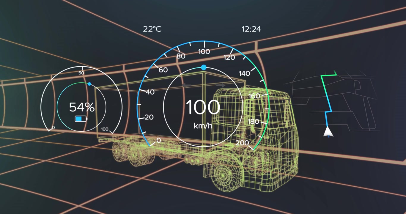 Animação de velocímetro, ícones de bateria e números sobre modelo 3D de caminhão em fundo preto.